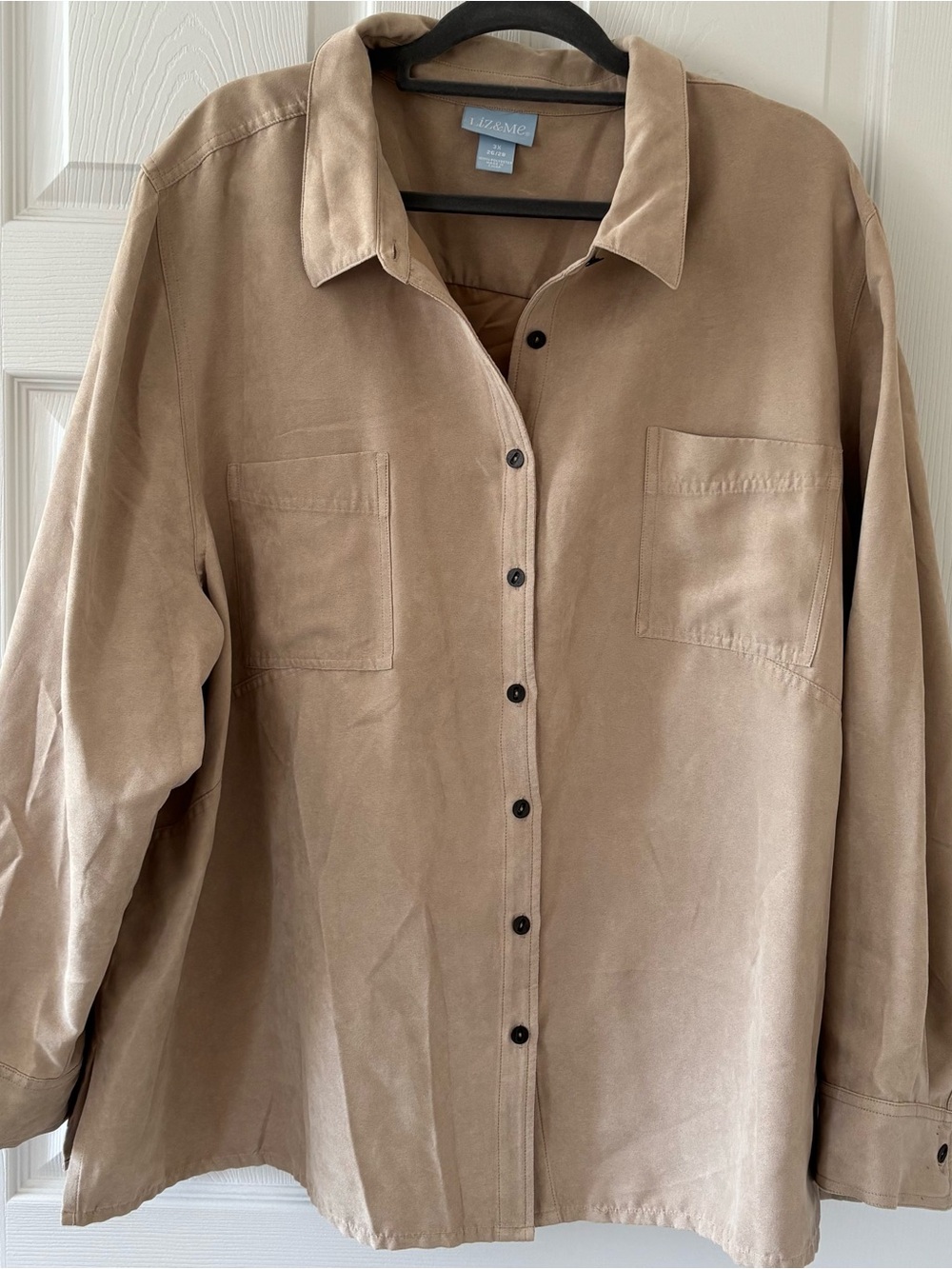 Liz & Me Taupe Faux Suede Button-Front Shirt Jacket with Chest Pockets
